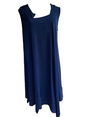 Kozan Navy Blue Dress Asymmetric Loose Mid Length Medium Square Neck Lagenlook